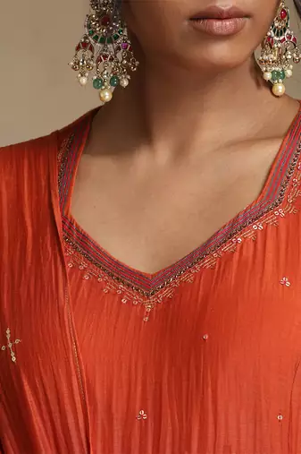 Rust orange embroidered chanderi anarkali set