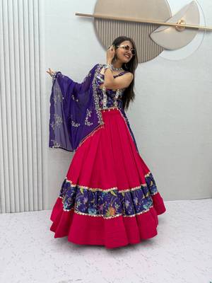 Women's Rani Pink Navratri Chaniya Choli with Kutchi Mirror Work Blouse & Embroidered Dupatta 1