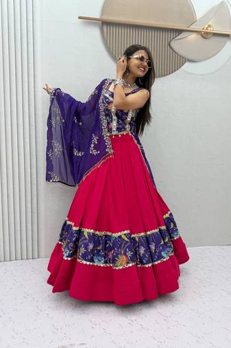 Women's Rani Pink Navratri Chaniya Choli with Kutchi Mirror Work Blouse & Embroidered Dupatta