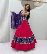 Women's Rani Pink Navratri Chaniya Choli with Kutchi Mirror Work Blouse & Embroidered Dupatta