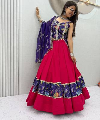 Women's Rani Pink Navratri Chaniya Choli with Kutchi Mirror Work Blouse & Embroidered Dupatta 2