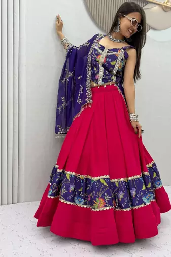 Women's Rani Pink Navratri Chaniya Choli with Kutchi Mirror Work Blouse & Embroidered Dupatta