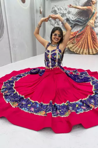 Women's Rani Pink Navratri Chaniya Choli with Kutchi Mirror Work Blouse & Embroidered Dupatta