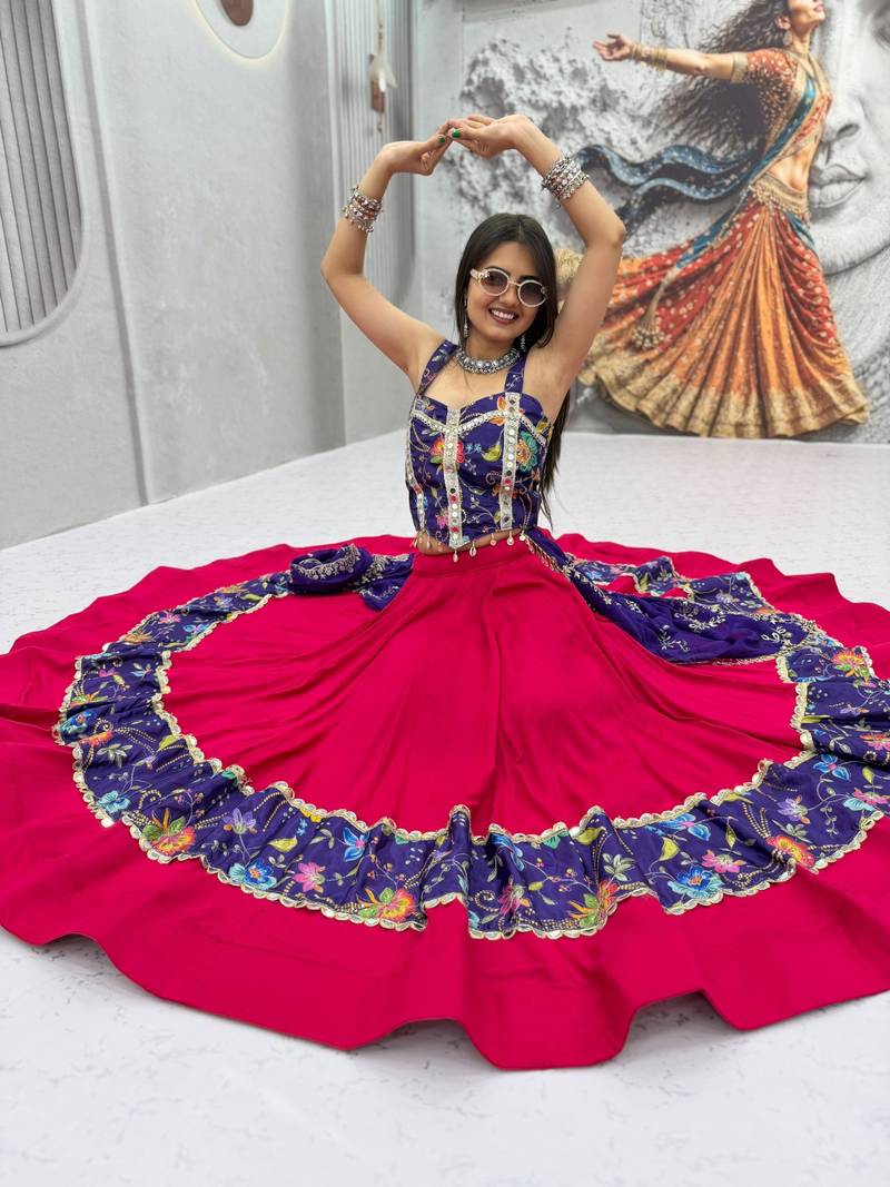 Women's Rani Pink Navratri Chaniya Choli with Kutchi Mirror Work Blouse & Embroidered Dupatta