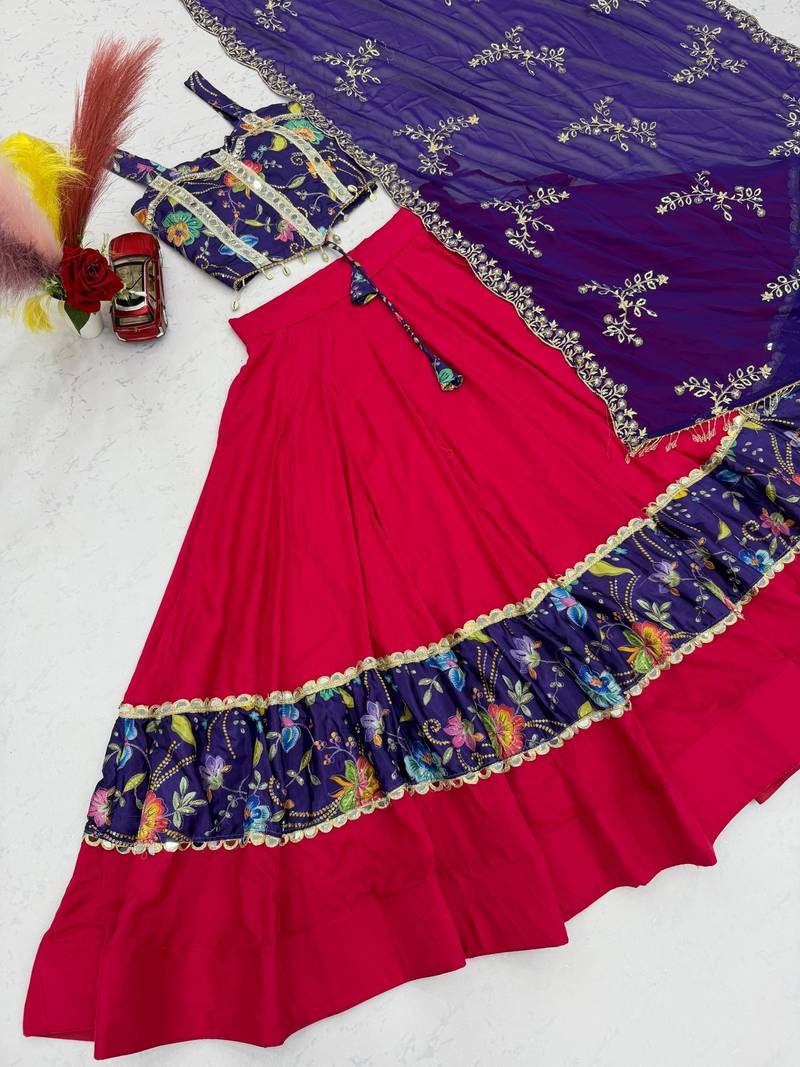 Women's Rani Pink Navratri Chaniya Choli with Kutchi Mirror Work Blouse & Embroidered Dupatta
