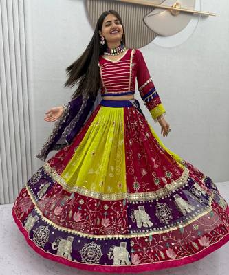 Women's Multicolor Navratri Chaniya Choli with Embroidered Lehenga, Designer Blouse & Purple Dupatta 1