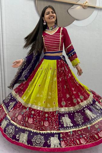 Women's Multicolor Navratri Chaniya Choli with Embroidered Lehenga, Designer Blouse & Purple Dupatta