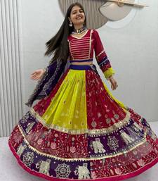 Women's Multicolor Navratri Chaniya Choli with Embroidered Lehenga, Designer Blouse & Purple Dupatta