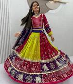 Women's Multicolor Navratri Chaniya Choli with Embroidered Lehenga, Designer Blouse & Purple Dupatta