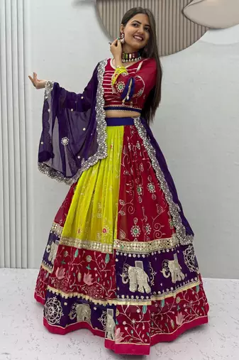 Women's Multicolor Navratri Chaniya Choli with Embroidered Lehenga, Designer Blouse & Purple Dupatta