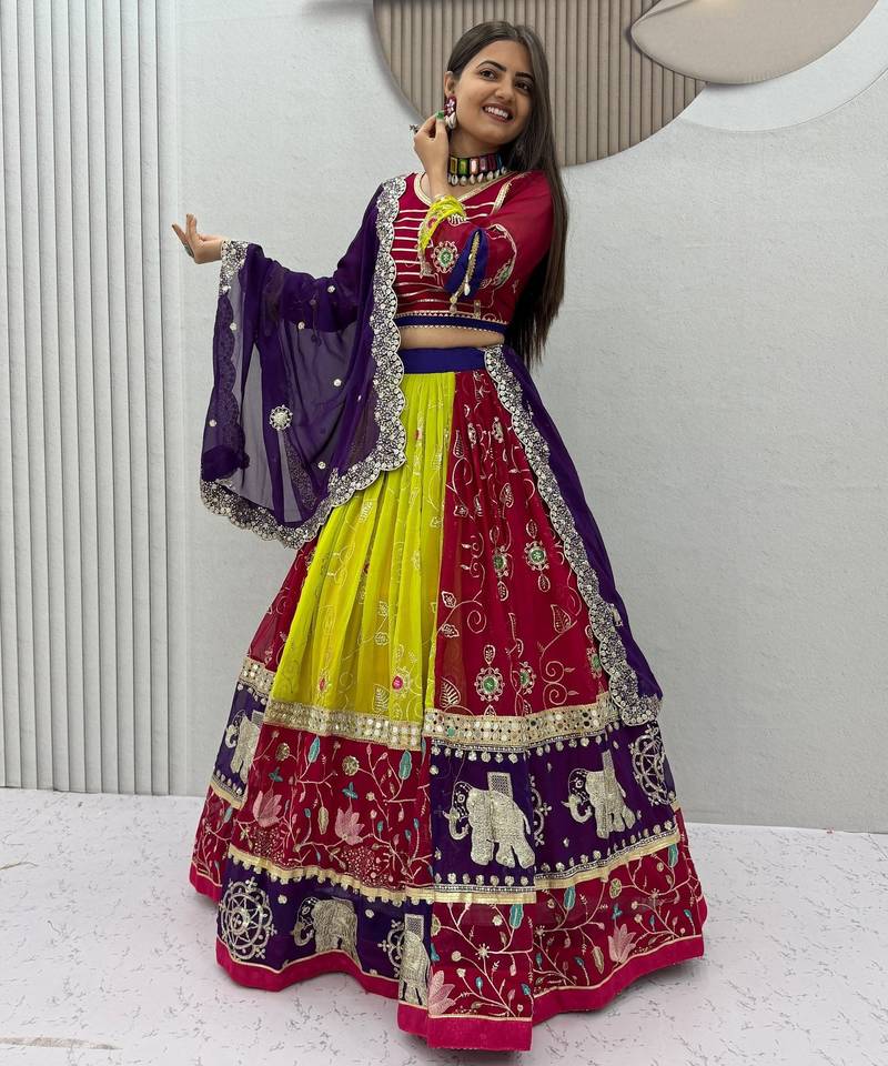 Women's Multicolor Navratri Chaniya Choli with Embroidered Lehenga, Designer Blouse & Purple Dupatta