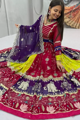 Women's Multicolor Navratri Chaniya Choli with Embroidered Lehenga, Designer Blouse & Purple Dupatta