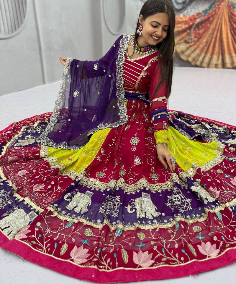Women's Multicolor Navratri Chaniya Choli with Embroidered Lehenga, Designer Blouse & Purple Dupatta