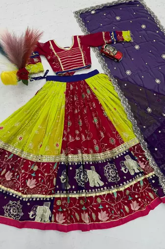 Women's Multicolor Navratri Chaniya Choli with Embroidered Lehenga, Designer Blouse & Purple Dupatta