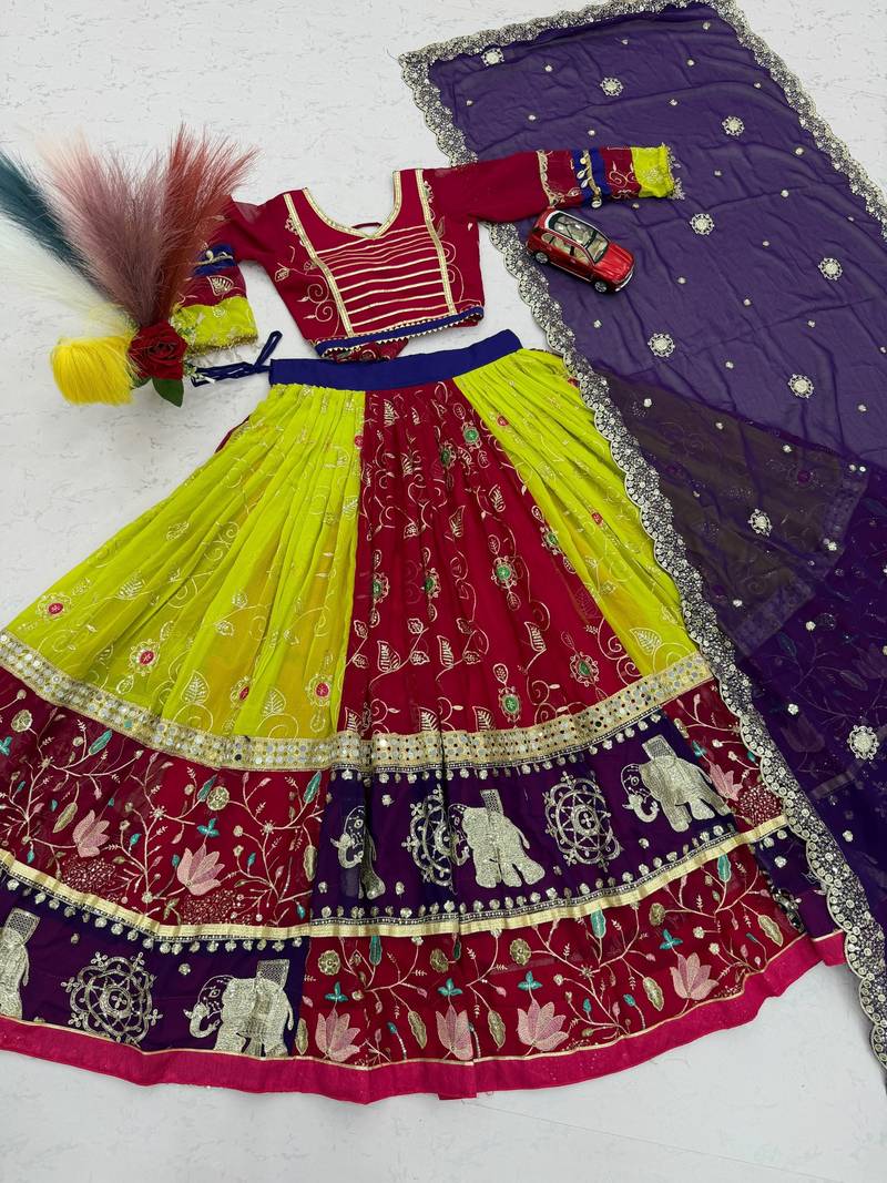 Women's Multicolor Navratri Chaniya Choli with Embroidered Lehenga, Designer Blouse & Purple Dupatta