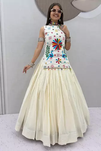 Women's White Cotton Navratri Chaniya Choli Set with Colorful Floral Embroidery