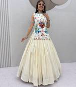 Women's White Cotton Navratri Chaniya Choli Set with Colorful Floral Embroidery