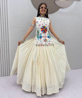 Women's White Cotton Navratri Chaniya Choli Set with Colorful Floral Embroidery 2