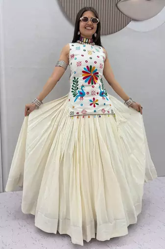 Women's White Cotton Navratri Chaniya Choli Set with Colorful Floral Embroidery