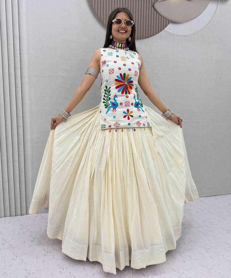 Women's White Cotton Navratri Chaniya Choli Set with Colorful Floral Embroidery