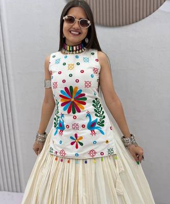 Women's White Cotton Navratri Chaniya Choli Set with Colorful Floral Embroidery 3