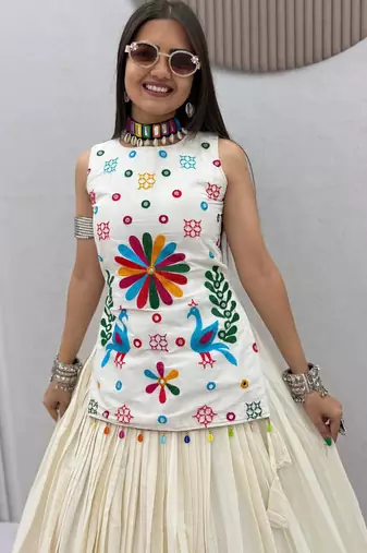Women's White Cotton Navratri Chaniya Choli Set with Colorful Floral Embroidery