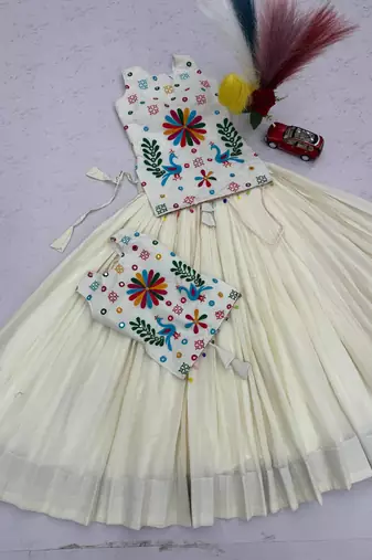 Women's White Cotton Navratri Chaniya Choli Set with Colorful Floral Embroidery