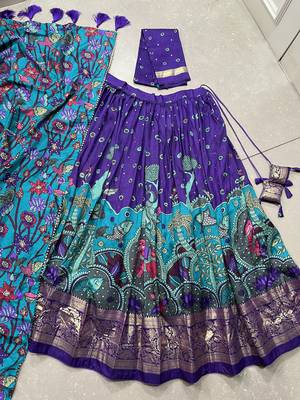 purple kalamkari print madhubani tussar silk lehenga choli 5
