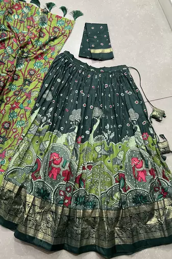 Yana Fab Green Tussar Silk Kalamkari Printed Lehenga Choli Set