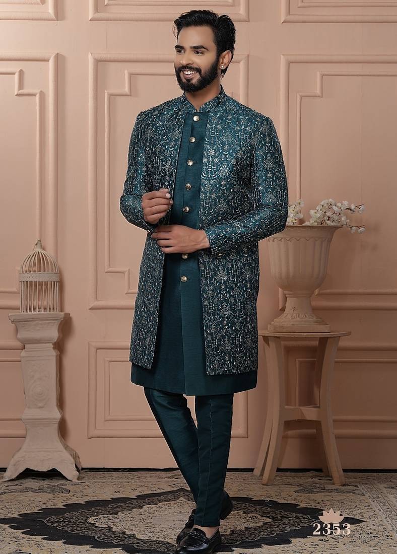 Turquoise indowestern for men