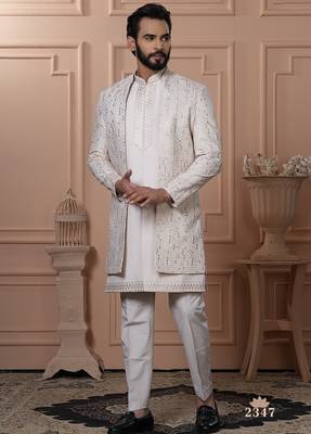 Light pink embroidered open indowestern for men's 1