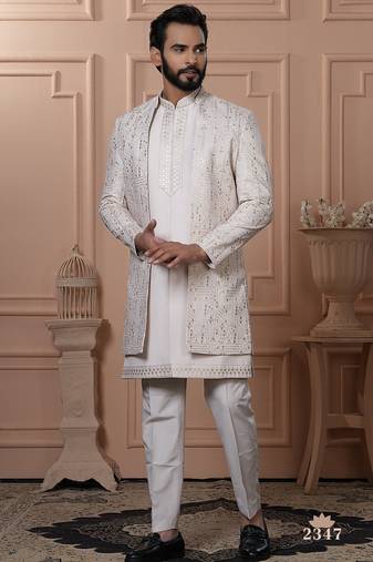 Light pink embroidered open indowestern for men's