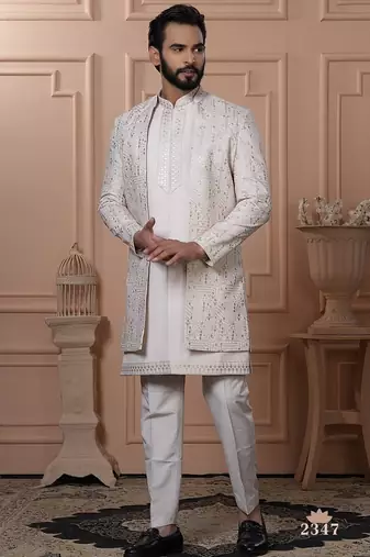 Light pink embroidered open indowestern for men's