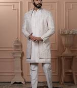 Light pink embroidered open indowestern for men's