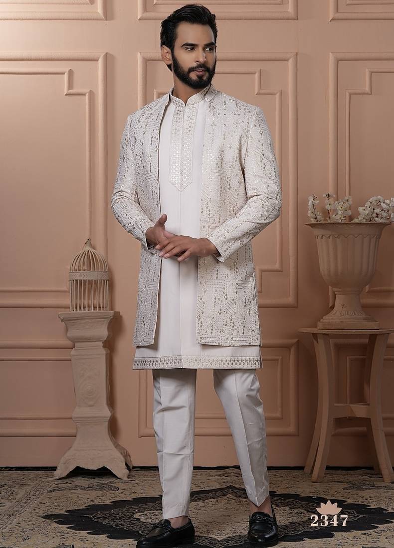 Light pink embroidered open indowestern for men's