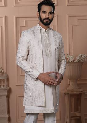 Light pink embroidered open indowestern for men's 2