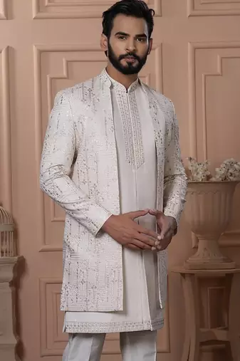 Light pink embroidered open indowestern for men's
