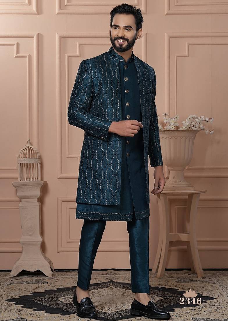 Turquoise indowestern for men