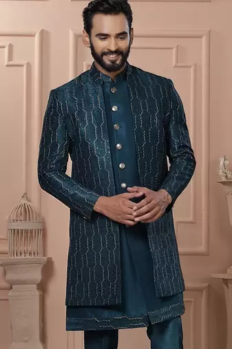 Turquoise indowestern for men