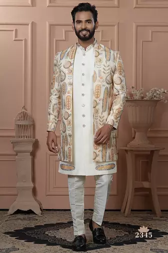 Yellowish cream indowestern for men