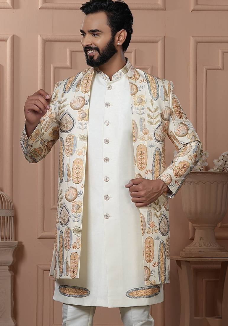 Yellowish cream indowestern for men