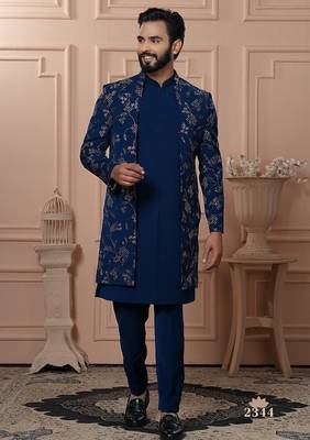 Turquoise embroidered indowestern for men 1