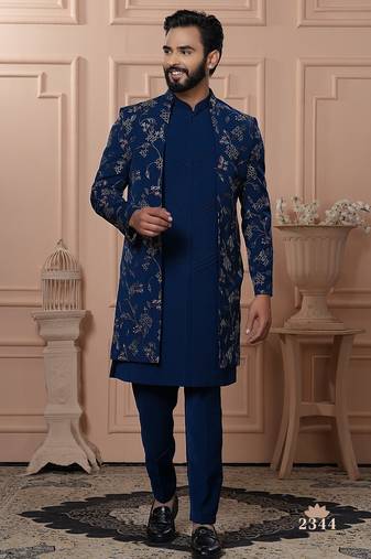 Turquoise embroidered indowestern for men