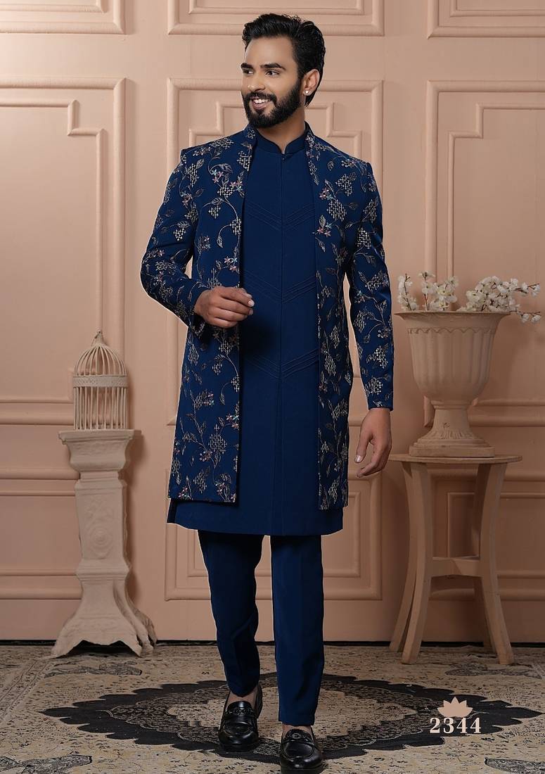 Turquoise embroidered indowestern for men