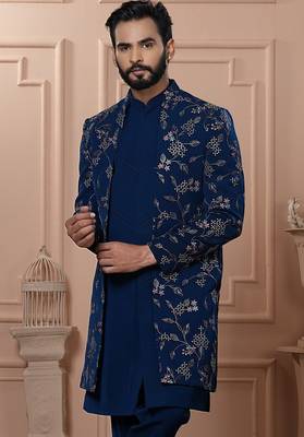 Turquoise embroidered indowestern for men 2