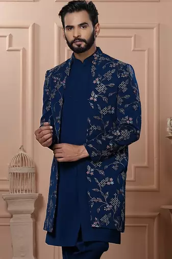 Turquoise embroidered indowestern for men