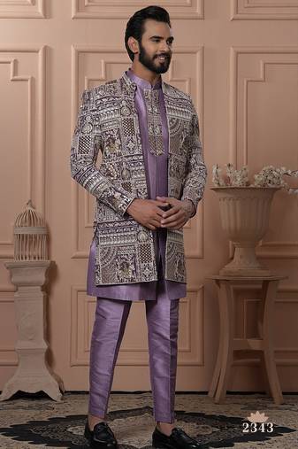 Purple embroidered indowestern for men