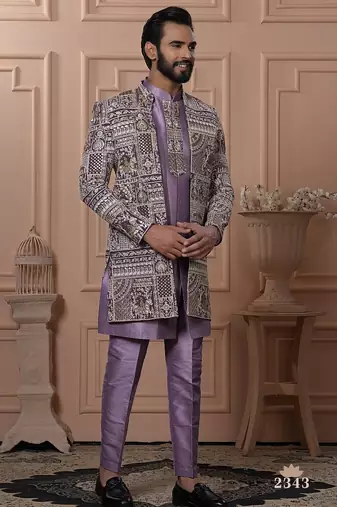 Purple embroidered indowestern for men