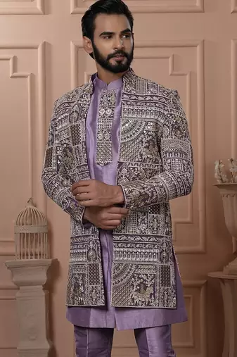 Purple embroidered indowestern for men