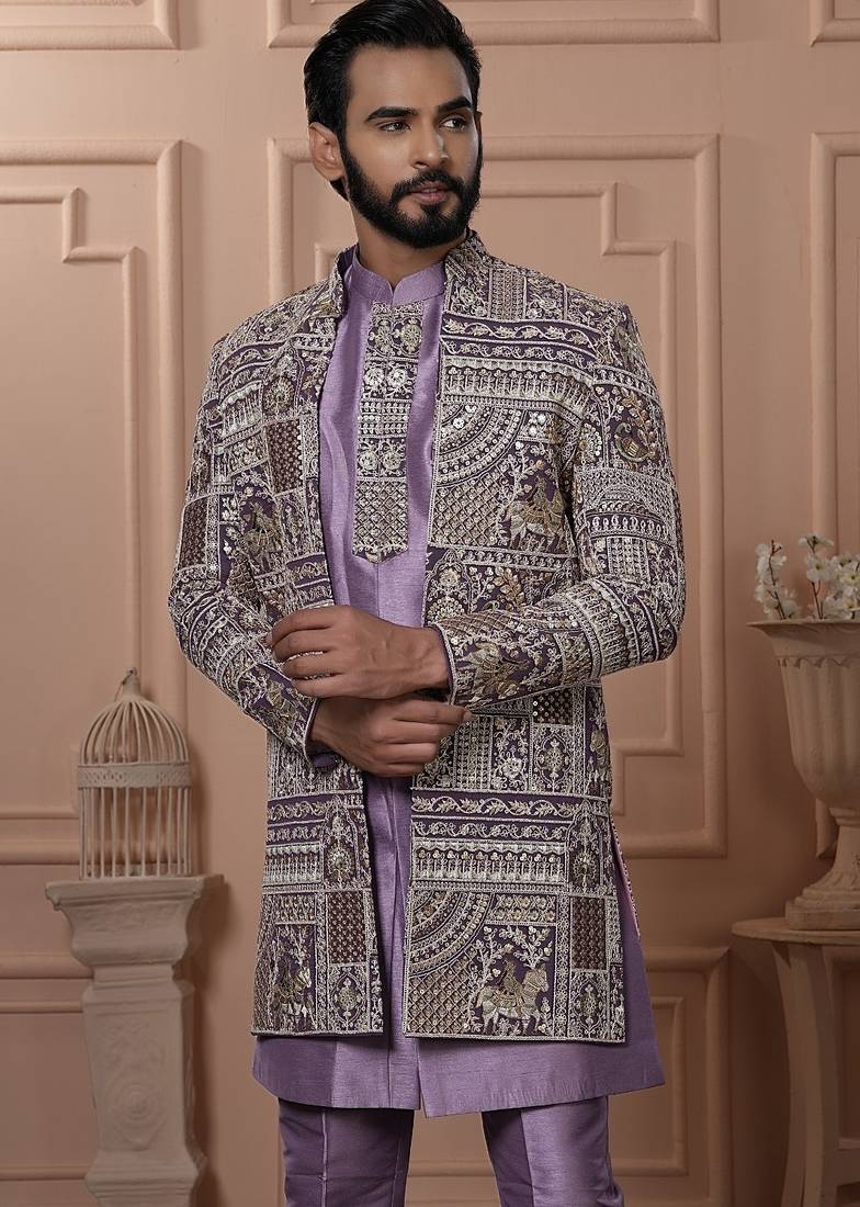 Purple embroidered indowestern for men